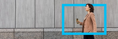 Woman walking, blue border