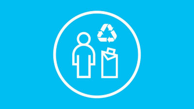 man, carton package and recycling logo icon