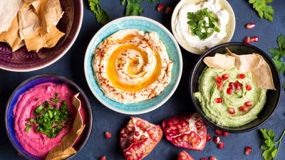 Hummus and dip sauces in bowls