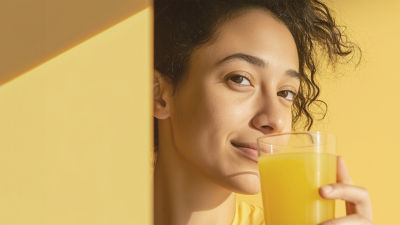 Woman holding juice glass, yellow background