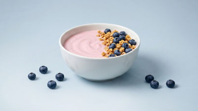 a bowl with yoghurt and blueberries