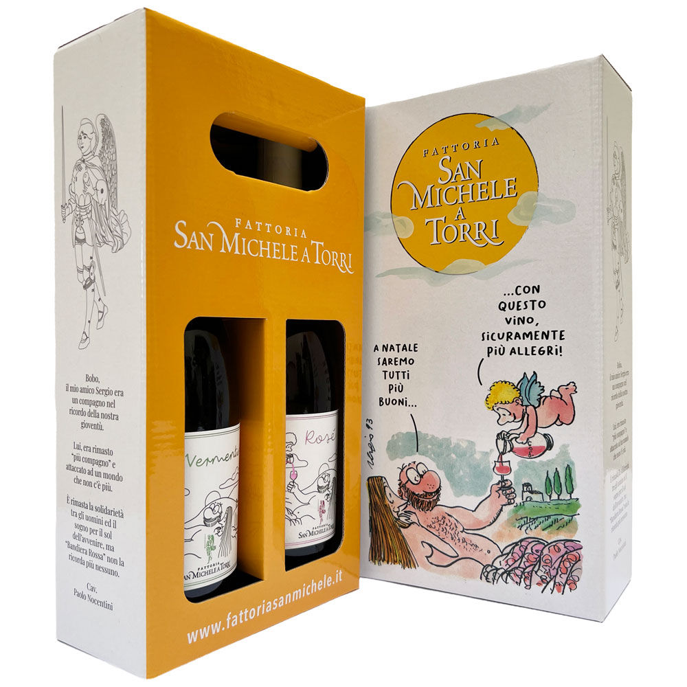 Confezione San Michele a Torri Rosè IGT e Vermentino IGT decorata da Staino