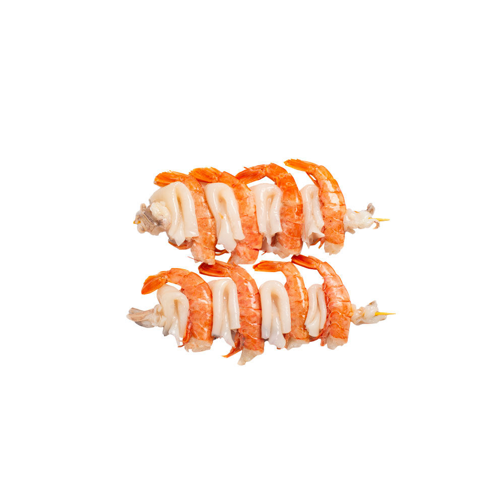 Spiedini di calamari e gamberi decongelati