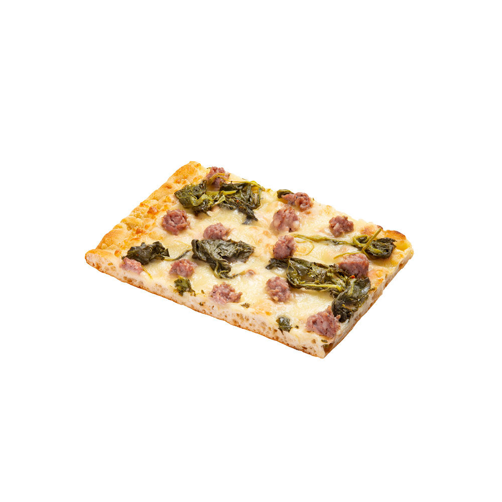 Pizza bianca salsiccia e cime di rapa a spicchi