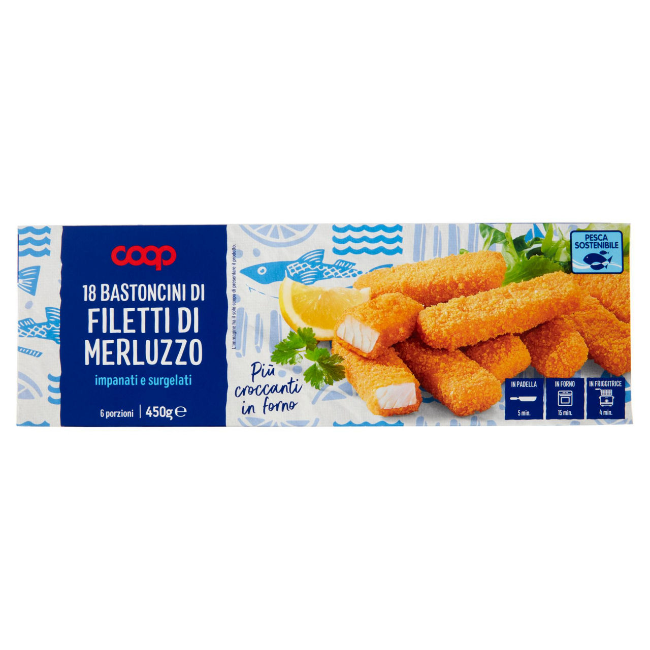 Bastoncini di filetti di merluzzo impanati e surgelati 450 gr