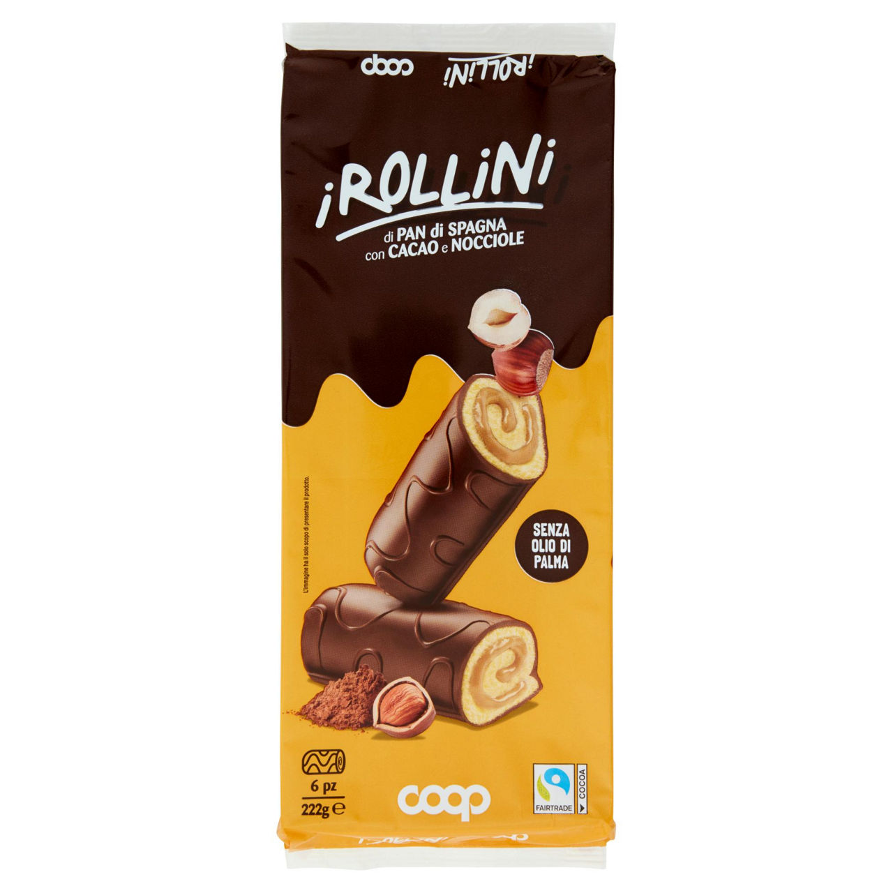 Rollini di pan di spagna farciti alla nocciola ricoperti di cacao 6 pz 222 gr - Immagine 01