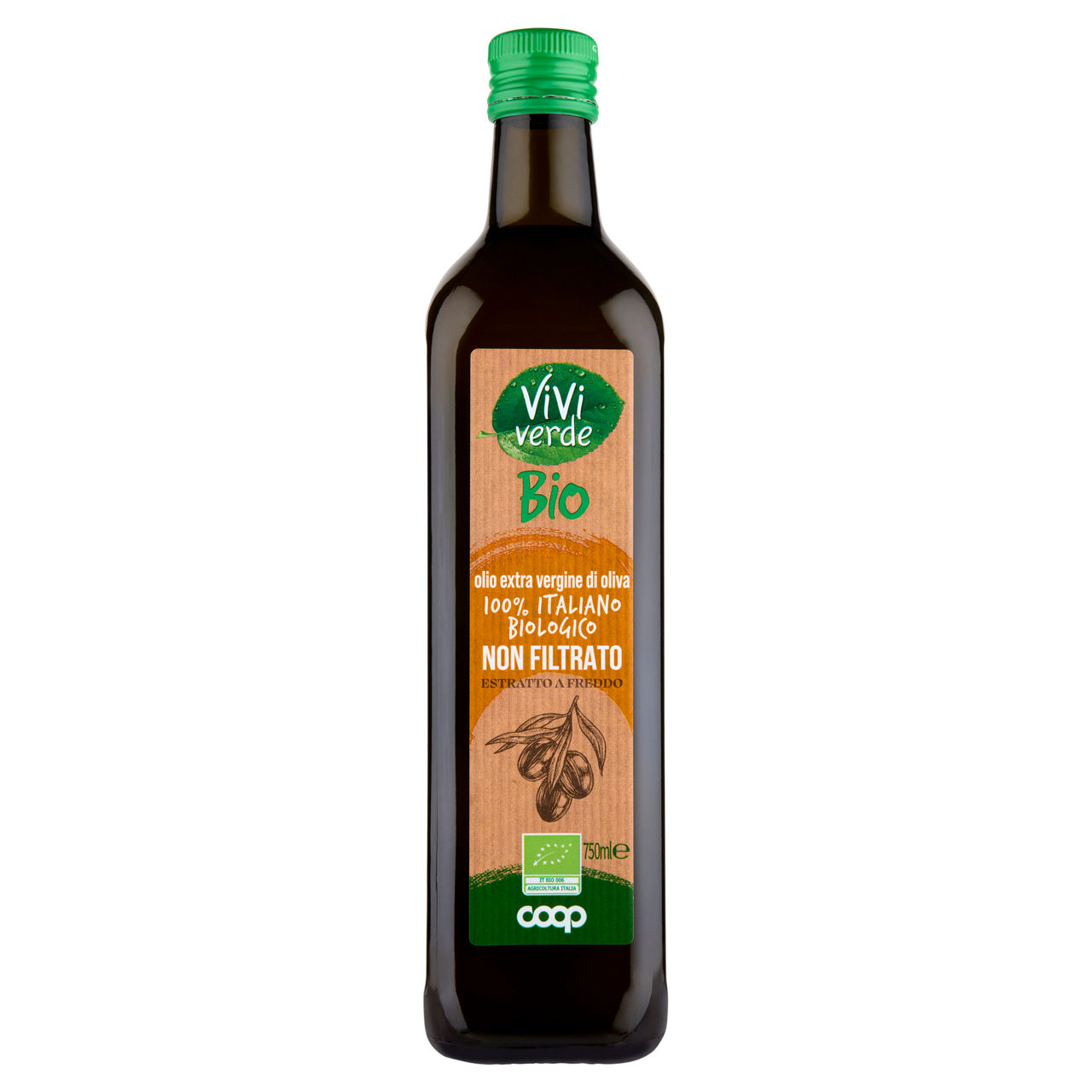 Olio extravergine di oliva 100% italiano bio vivi verde non filtrato ml750 - Immagine 01