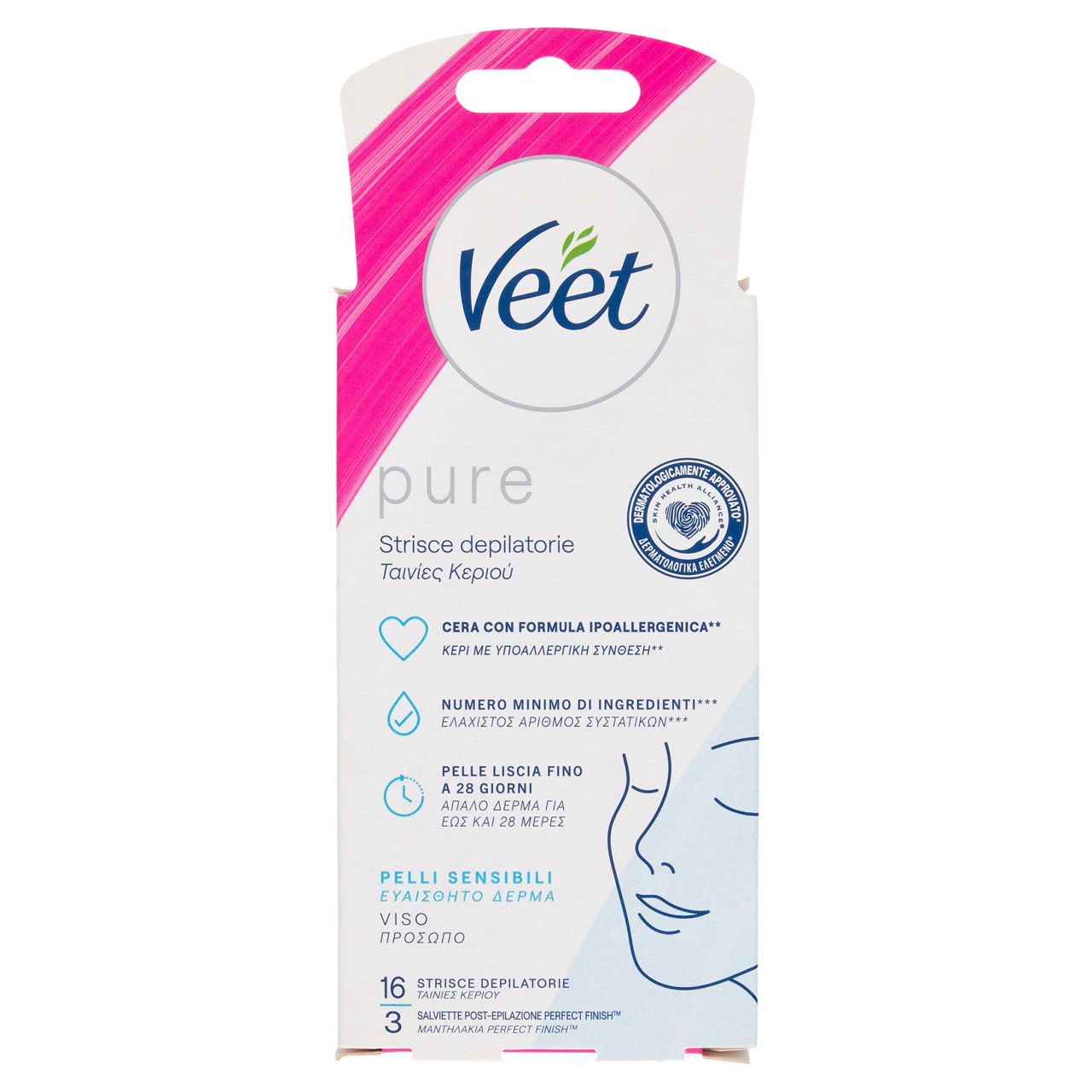 Strisce depilatorie viso pelli sensibili 16 pz