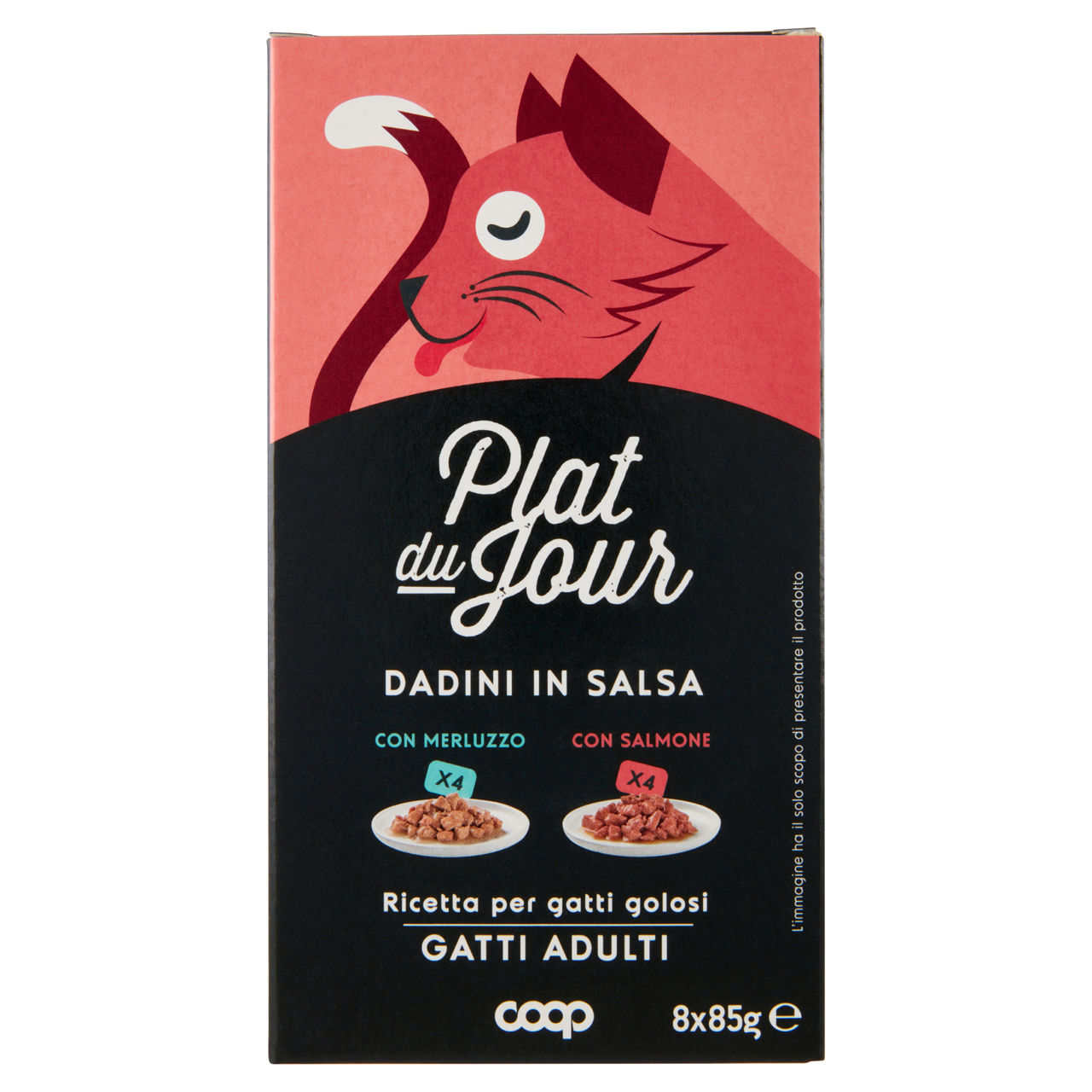 Umido gatto multipack dadini in salsa -4 merl/4 salm-plat du jour coop g85x8