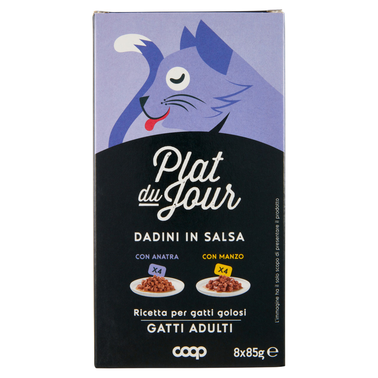 Umido gatto multipack dadini in salsa-4 anat./4 manzo-plat du jour coop g85x8
