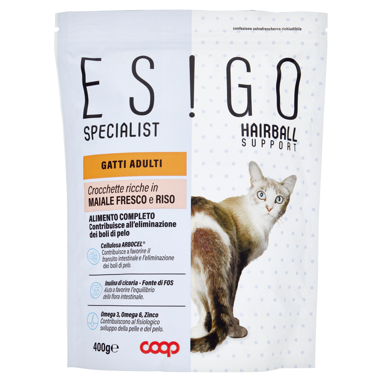 Crocchette per gatti adulti hairball support maiale fresco e riso 400 gr