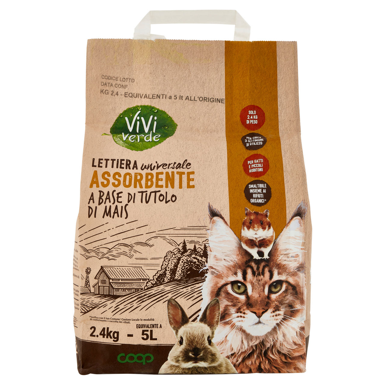 Lettiera vegetale universale assorbente mais vivi verde coop 2,4kg - Immagine 01
