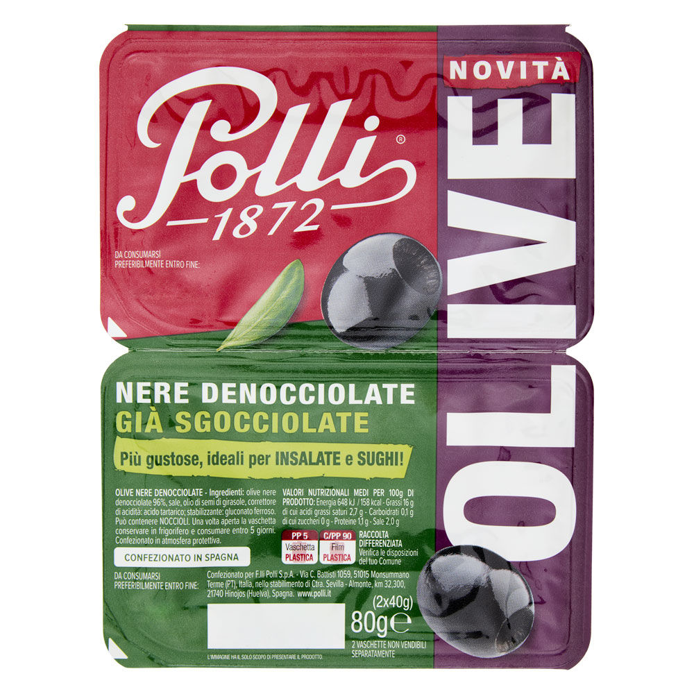 Olive nere denocciolate "le vaschette" polli gr.40x2 - Immagine 01