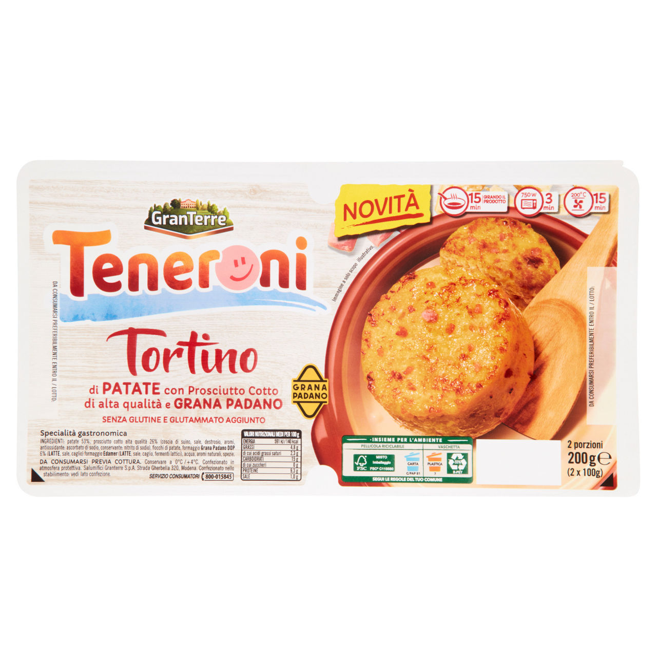 Tortino di patate con prosciutto cotto e grana padano 2 pz 200 gr