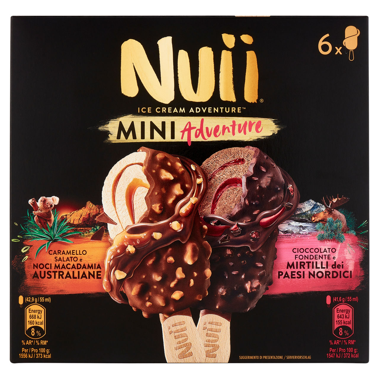 Stecco gelato al caramello salato e noci di macadamia e al cioccolato fondente e mirtilli 6 pz 253 gr