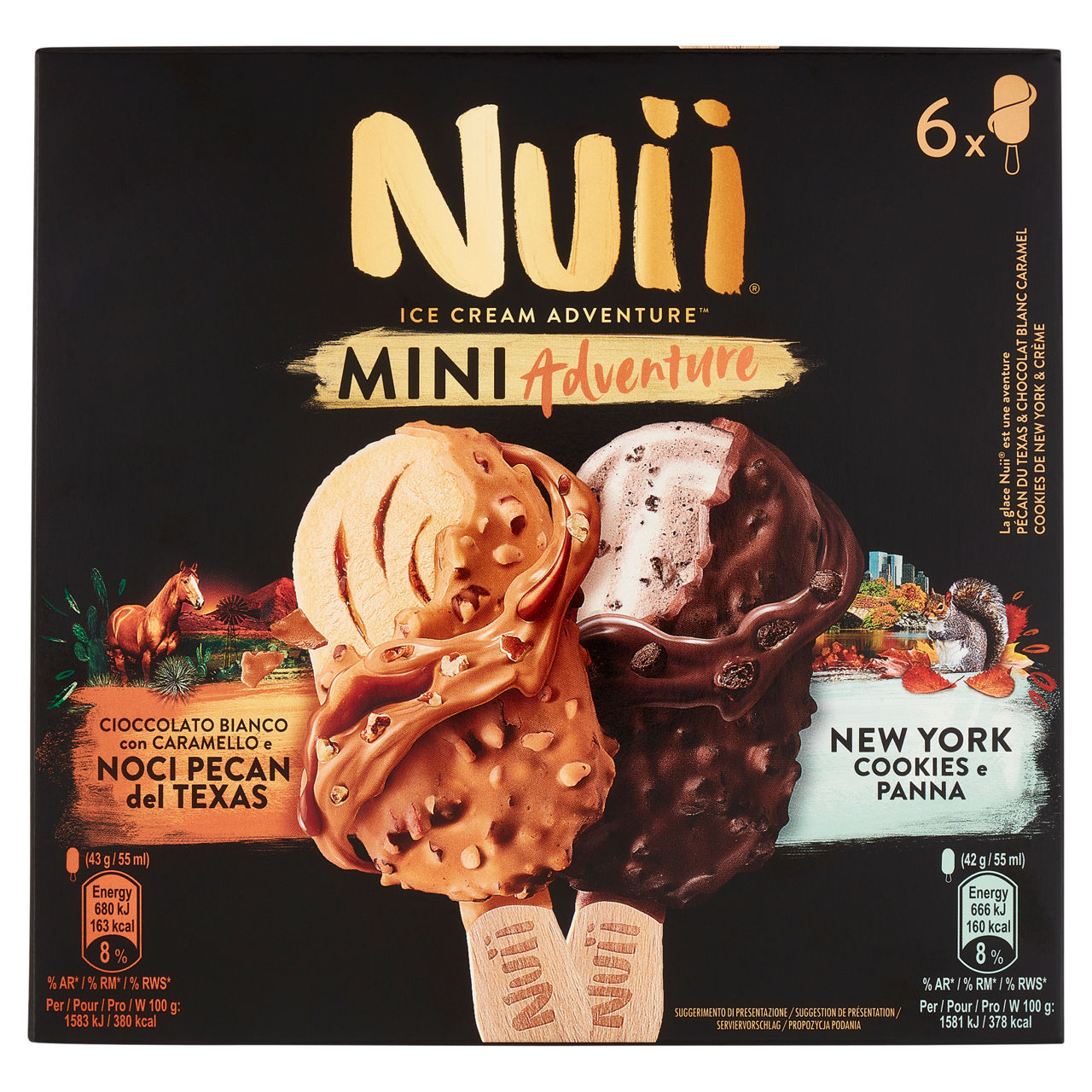 Stecco gelato al cioccolato caramello e noci pecan e alla panna e biscotto 6 pz 255 gr
