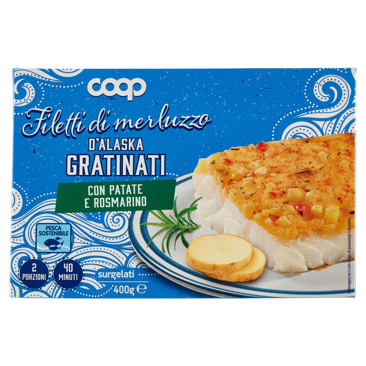 Filetti di merluzzo d'Alaska gratinati con patate e rosmarino surgelati 400 gr