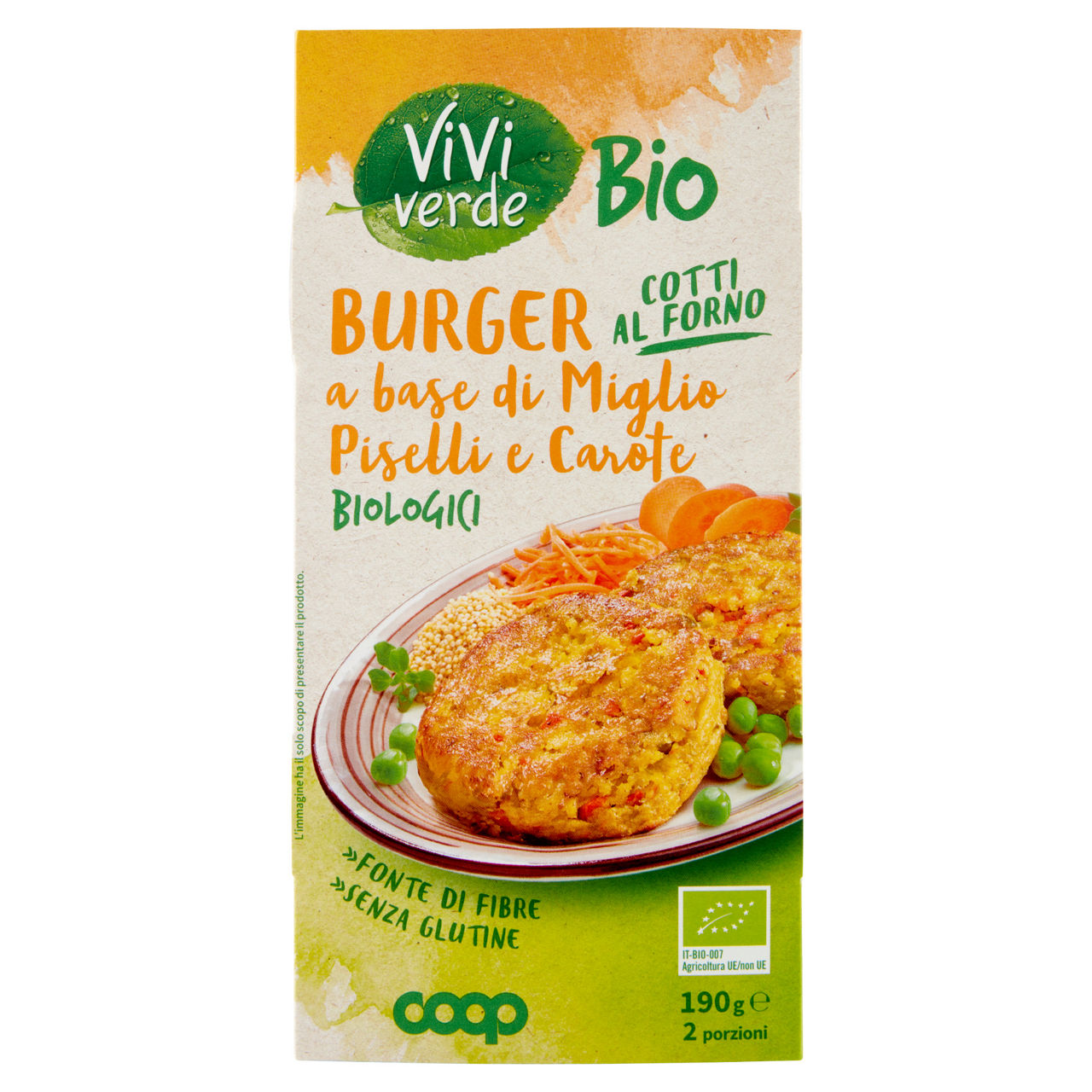 Burger vegetali a base di miglio piselli e carote bio 2 pz 190 gr - Immagine 01
