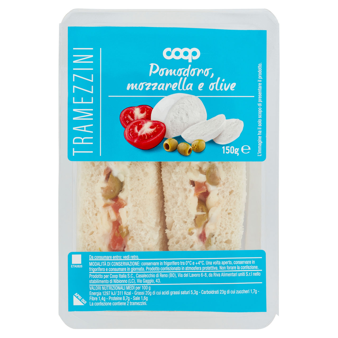 Tramezzini farciti con mozzarella pomodori e olive verdi 2 pz 150 gr - Immagine 01