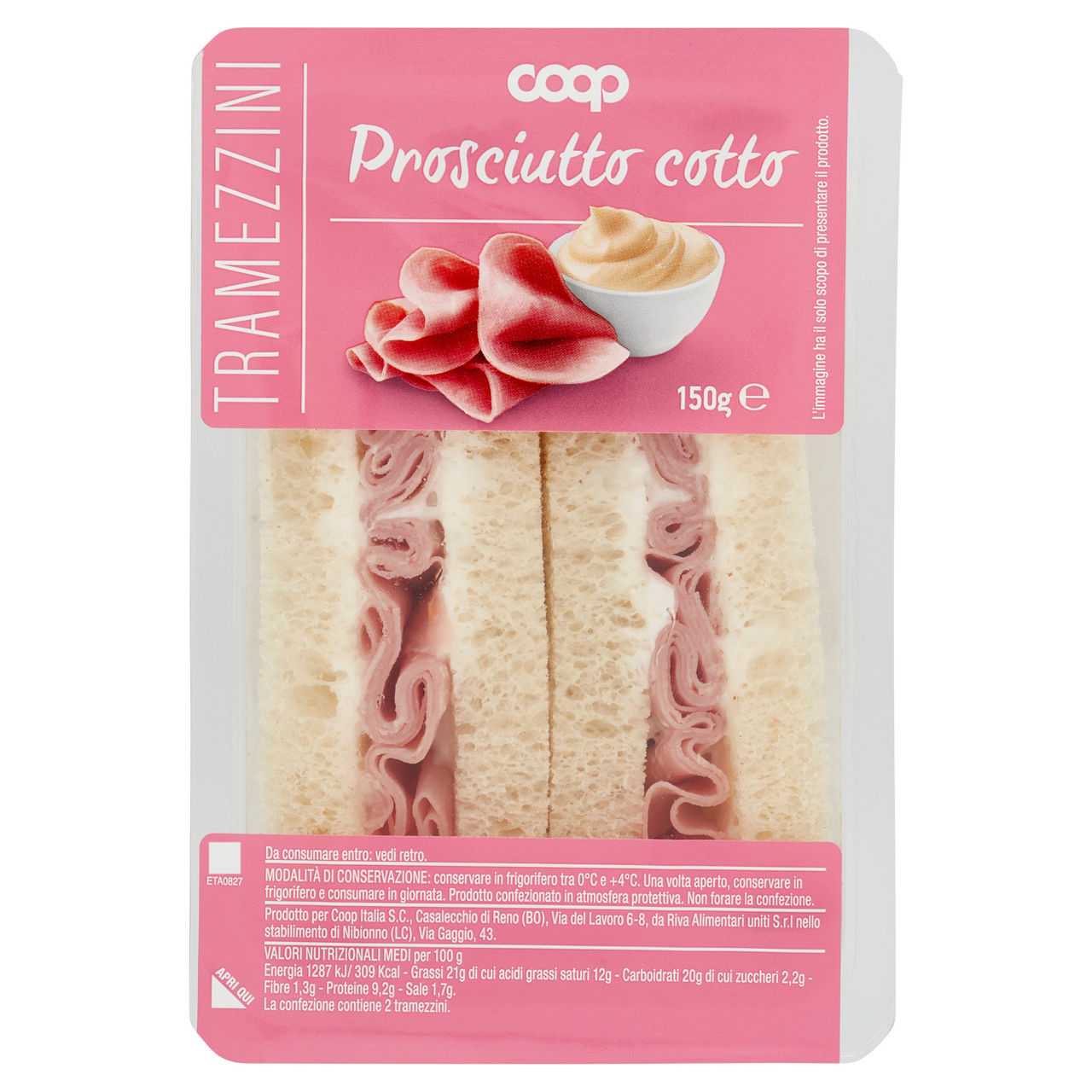 Tramezzini farciti con prosciutto cotto e maionese 2 pz 150 gr - Immagine 01