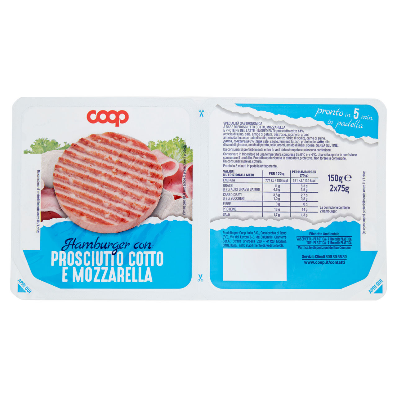 Hamburger con prosciutto cotto e mozzarella 2 pz 150 gr