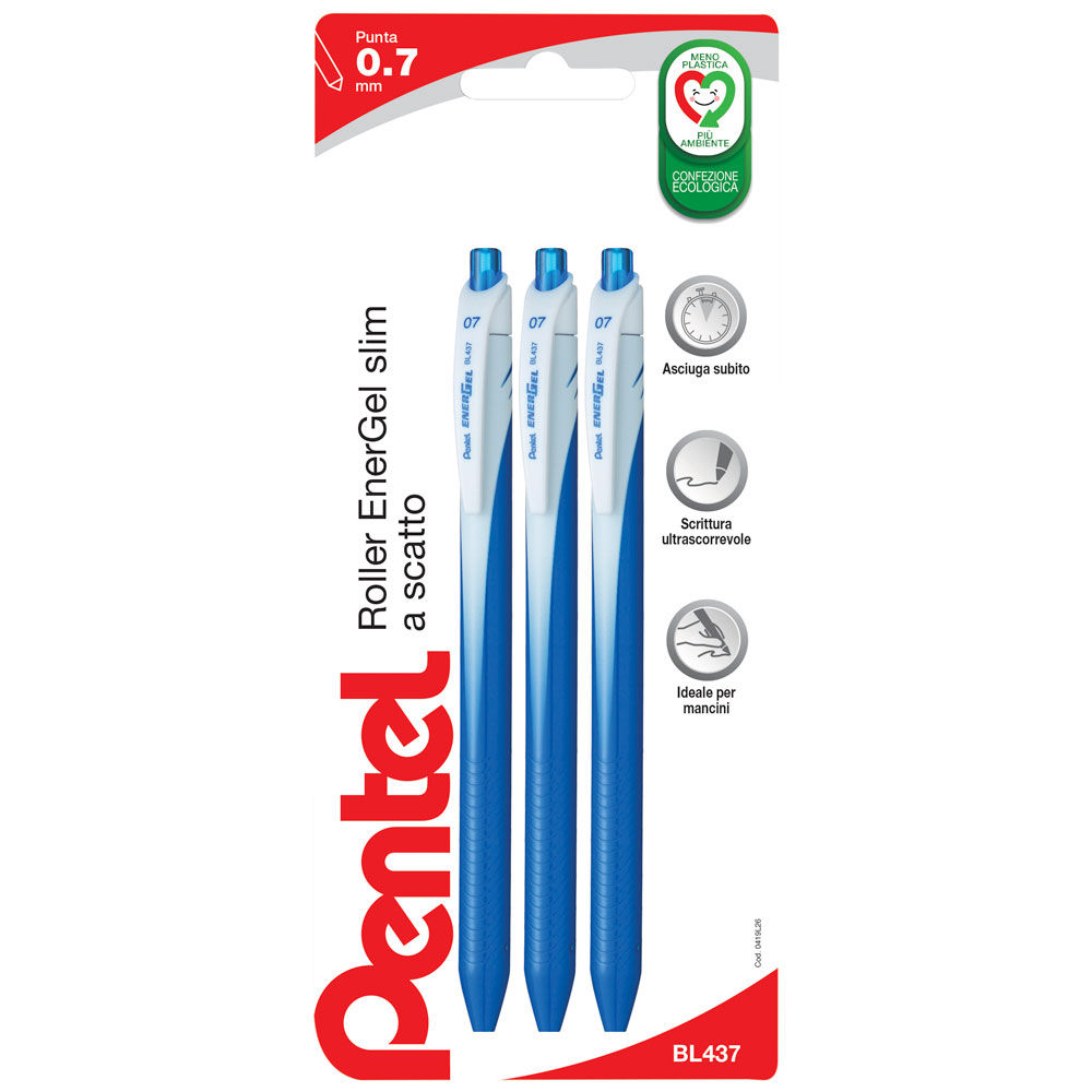 Penna roller a scatto con inchiostro Energel Slim blu 3 pz