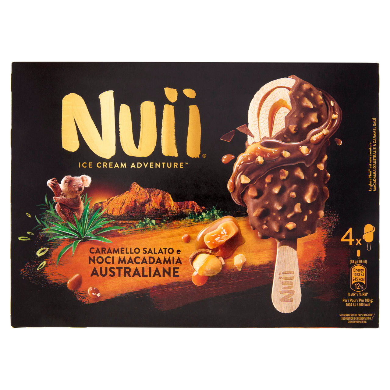 Stecco gelato al caramello salato ricoperto di noci di macadamia australiane 4 pz 272 gr
