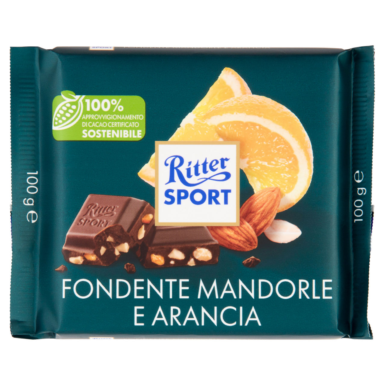 Tavoletta di cioccolato fondente con mandorle e arancia 100 gr - Immagine 01