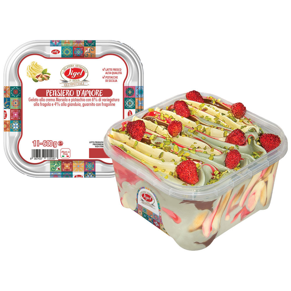 Gelato alla crema di marsala e pistacchio variegato gianduia con fragoline 600 gr - Immagine 01