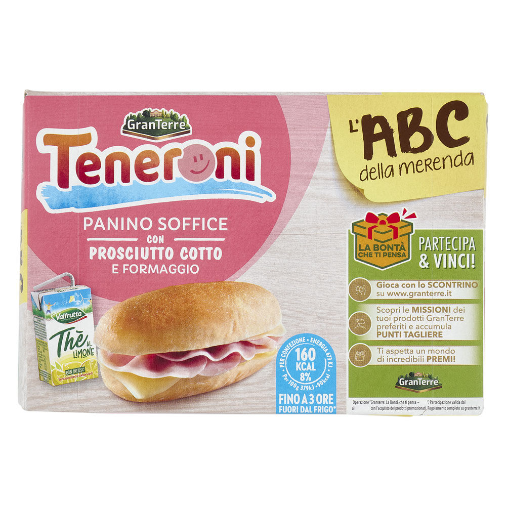 Merenda panino soffice con prosciutto cotto e formaggio e thè al limone 180 gr