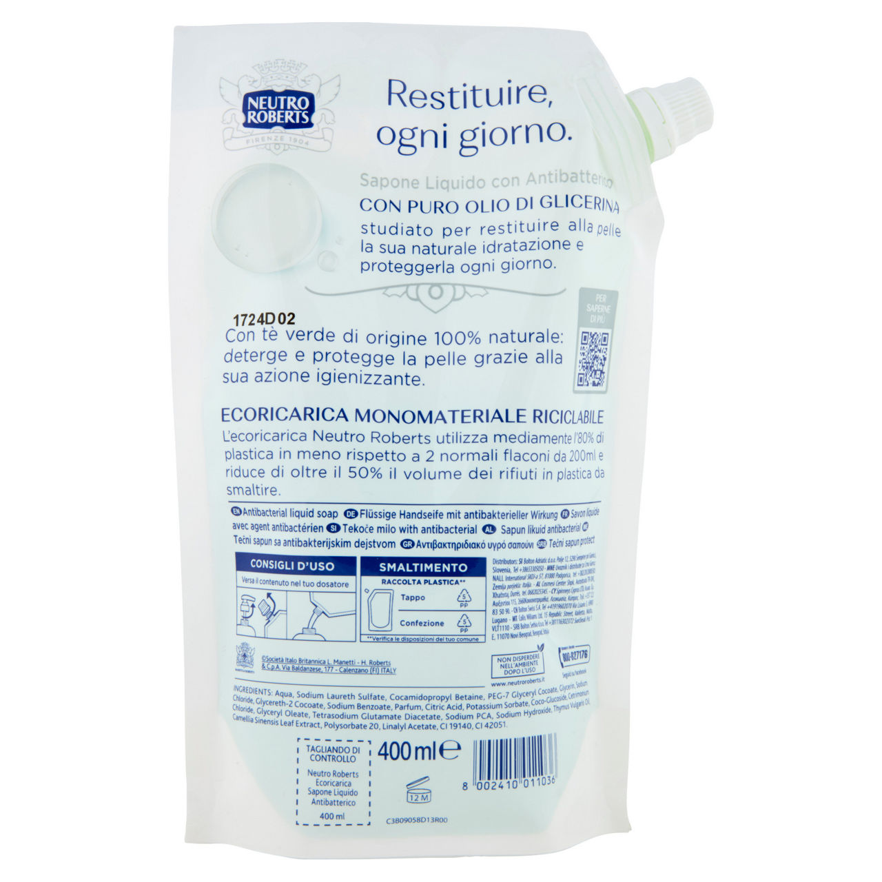 Ricarica sapone liquido ecopouch neutro roberts antibatterico ml 400 - Immagine 41