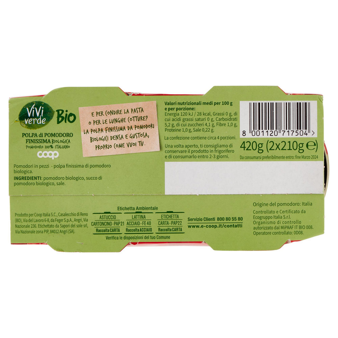 Polpa pumodoro finissima biologico vivi verde 2x210 g - Immagine 121