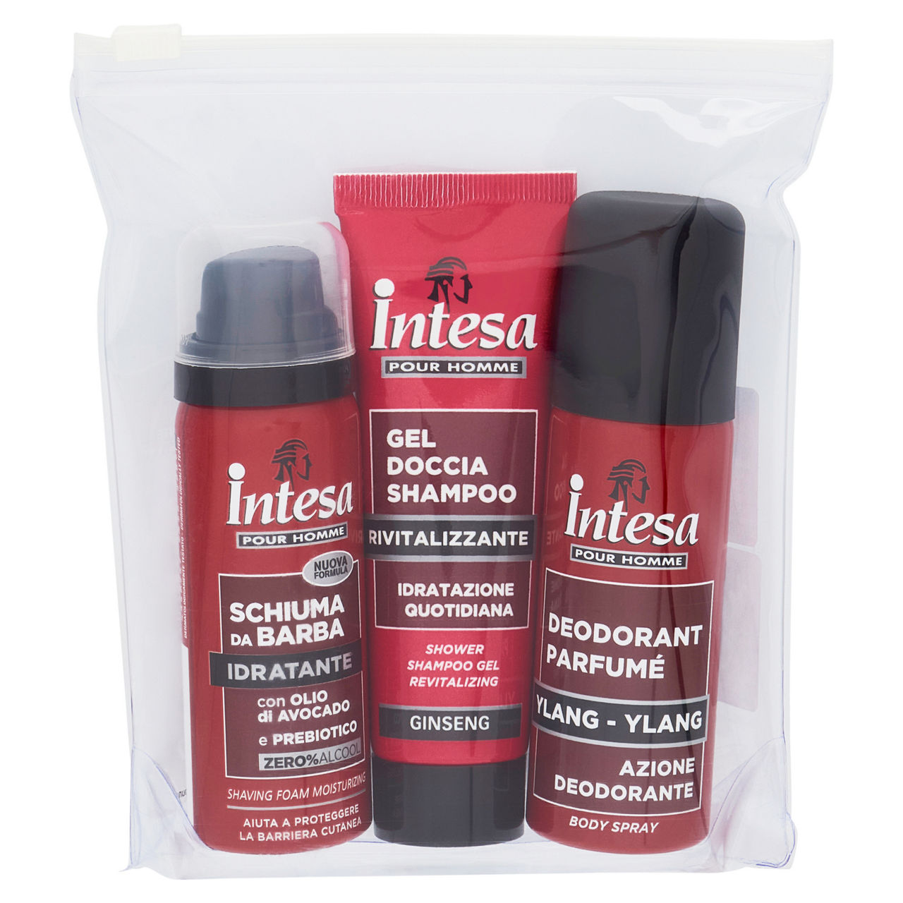 Bag mini taglie con schiuma da barba 50 ml gel doccia shampoo 50 ml e deodorante 50 ml