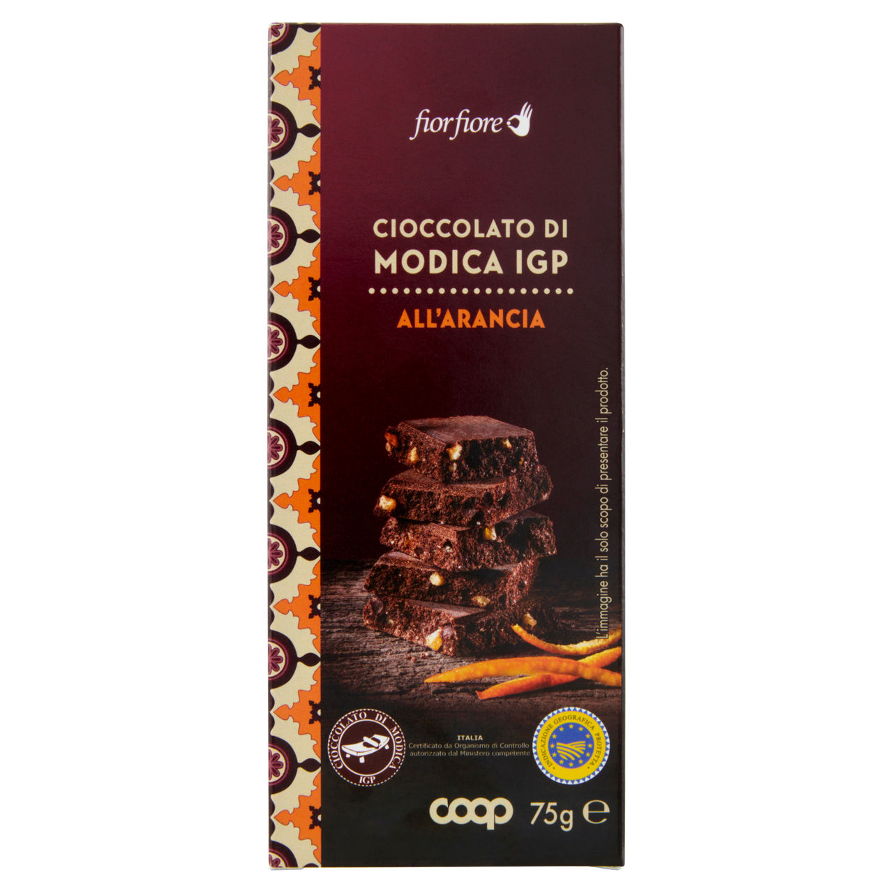 Tavoletta di cioccolato fondente Cioccolato di Modica IGP con scorze di arancia candite 75 gr - Immagine 01