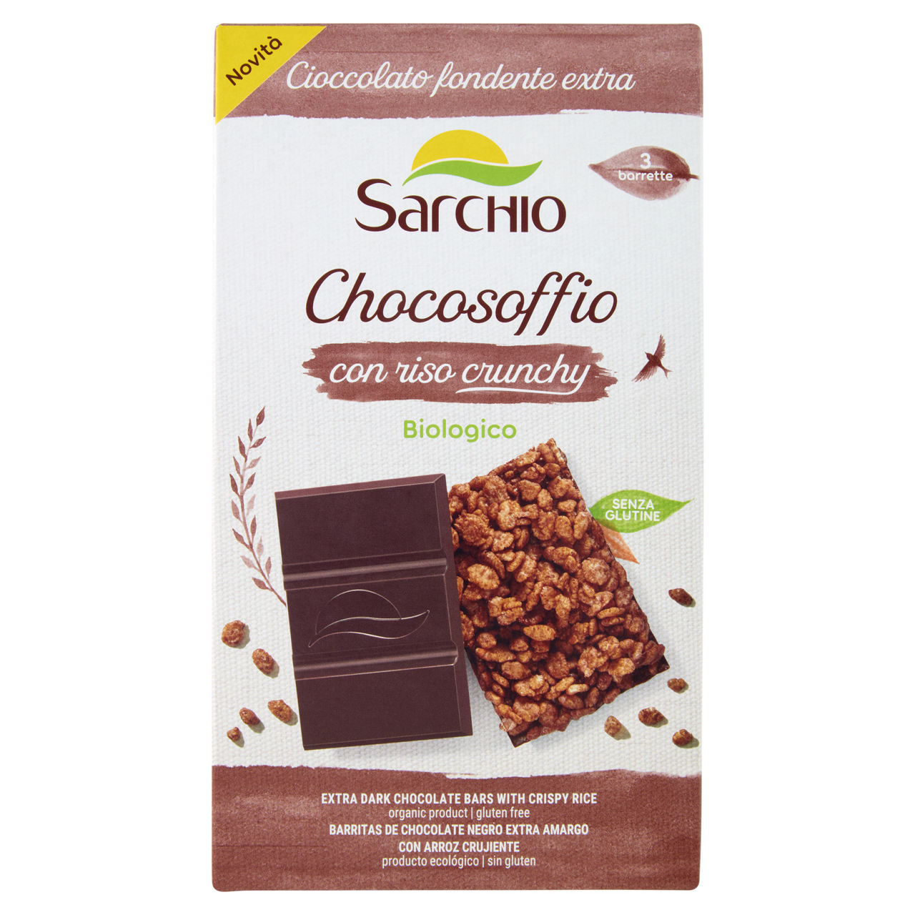 Barrette di cioccolato fondente extra e riso croccante Choco Soffio senza glutine bio 75 gr - Immagine 01