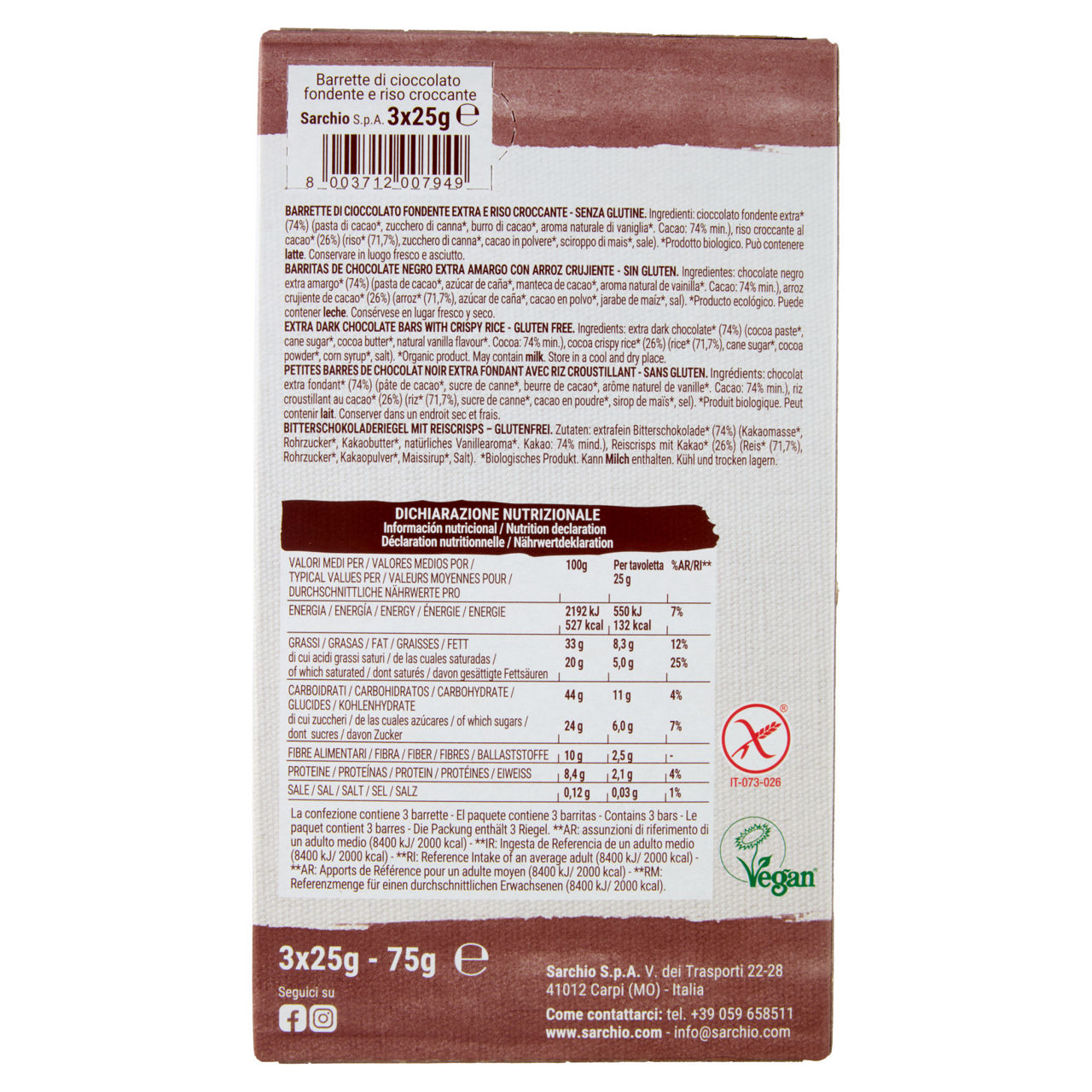 Barrette di cioccolato fondente extra e riso croccante Choco Soffio senza glutine bio 75 gr - Immagine 51