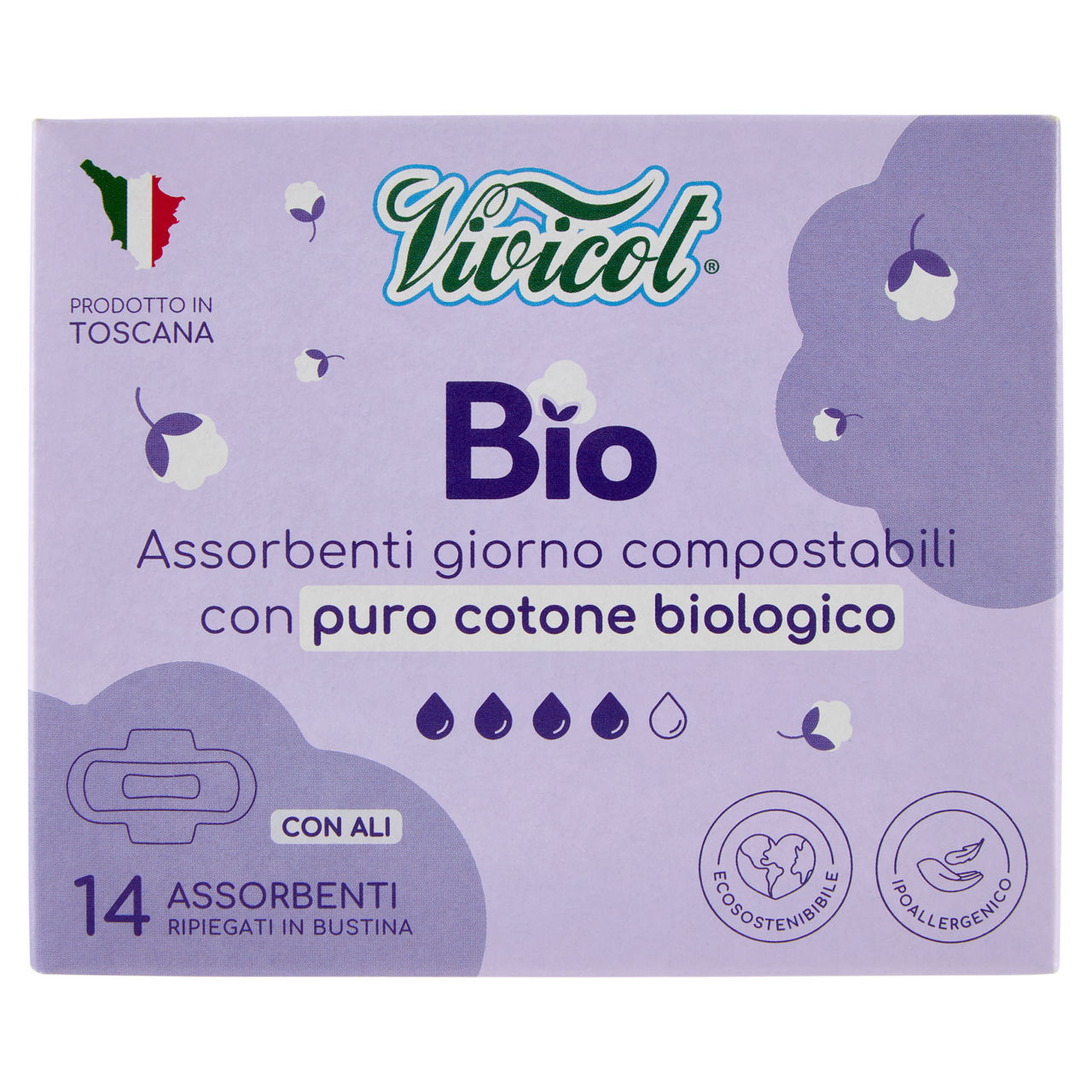 Assorbenti giorno in cotone bio con ali ripiegati compostabili 14 pz - Immagine 01