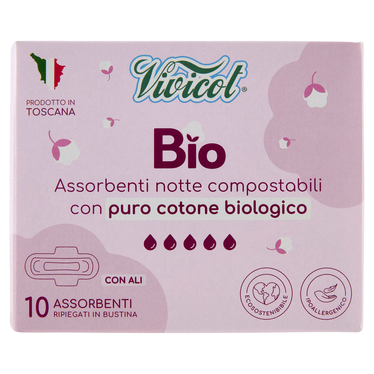 Assorbenti notte in cotone bio con ali ripiegati compostabili 10 pz - Immagine 01