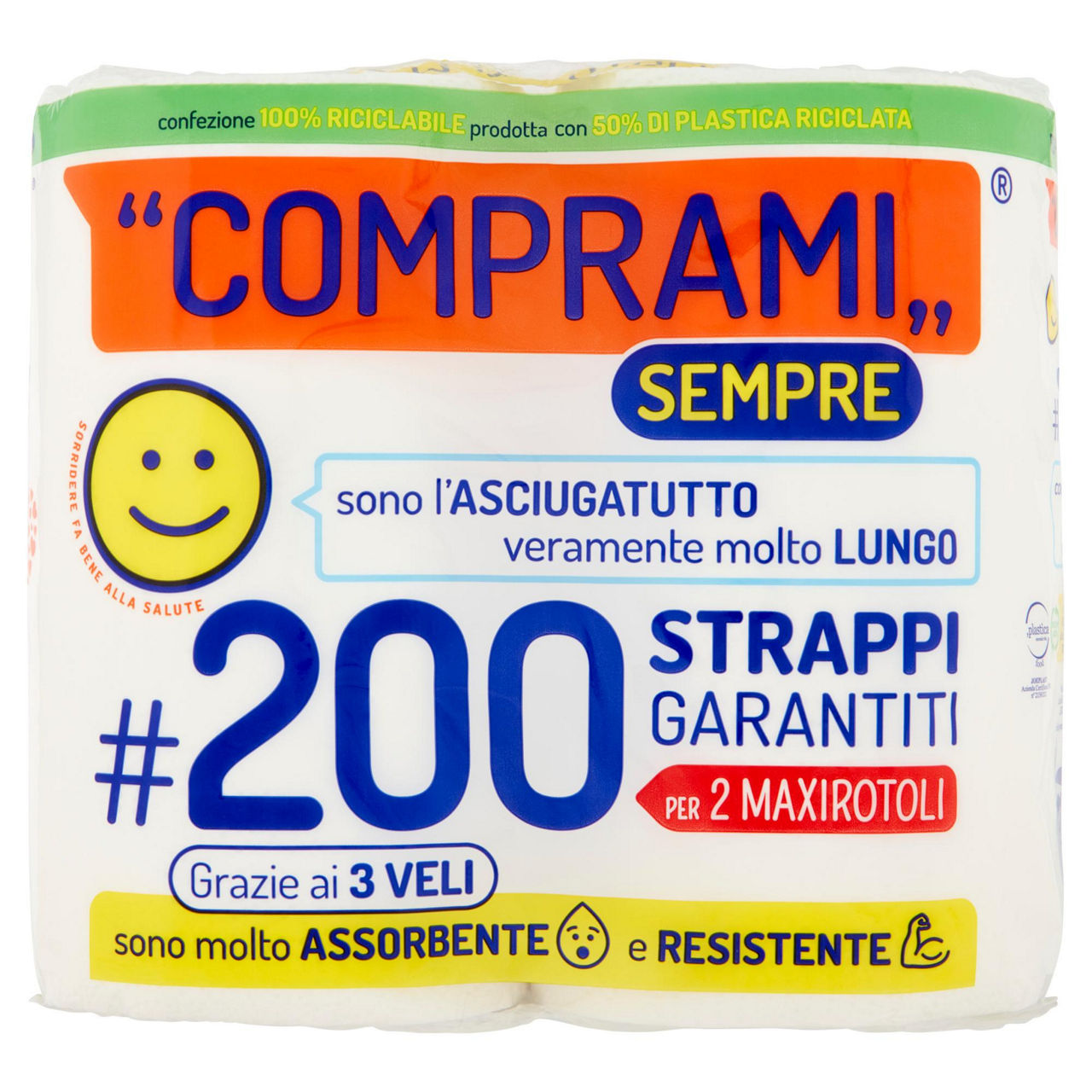 Asciugatutto 200 strappi 3 veli 2 maxi rotoli