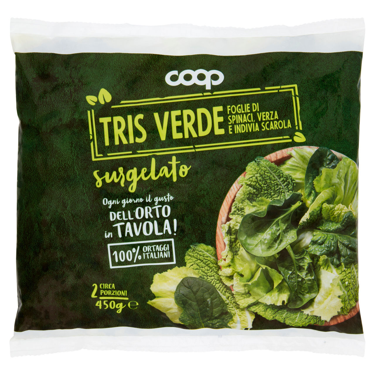 Tris verde di foglie di spinaci verza e indivia surgelato 450 gr