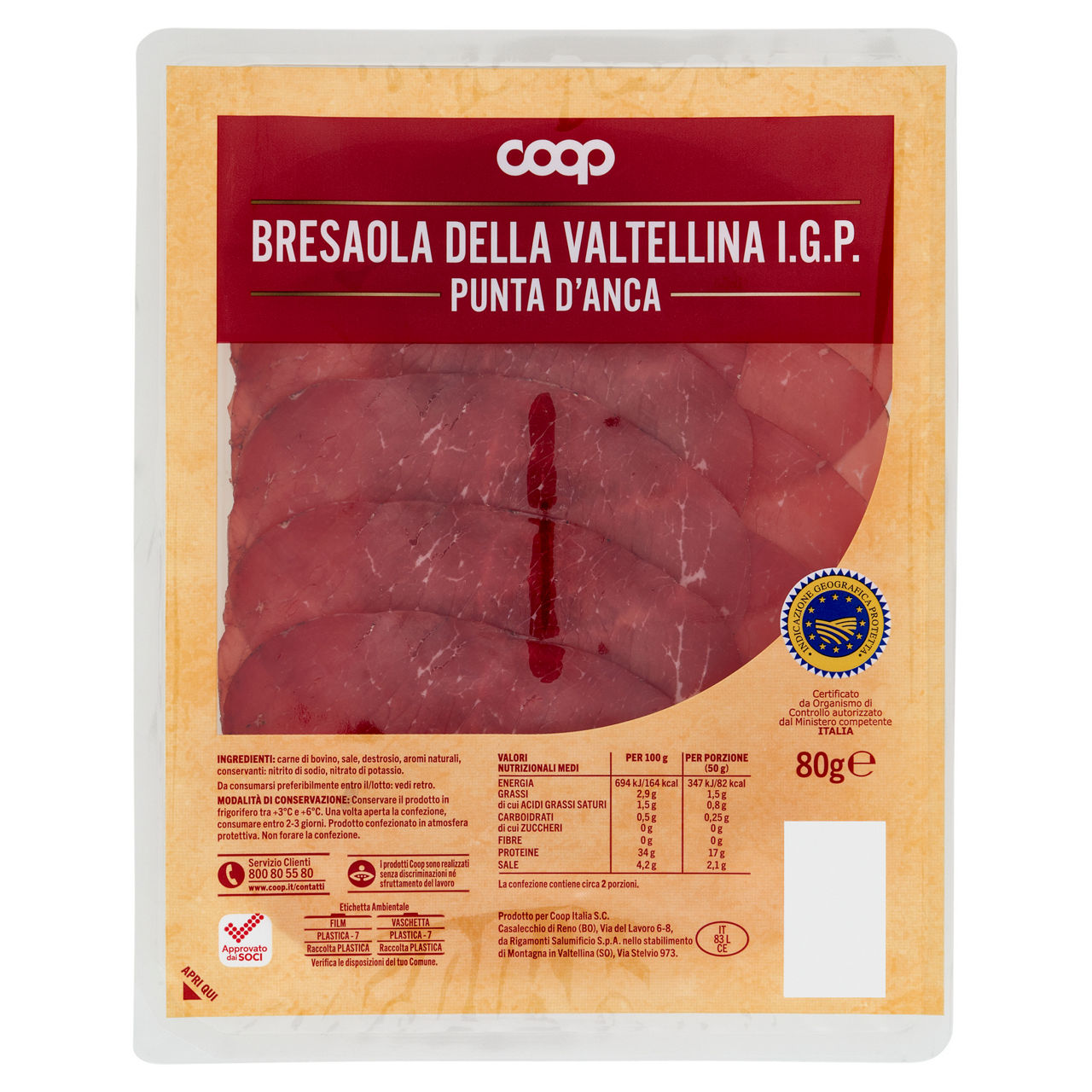 Bresaola della Valtellina IGP Punta d'Anca affettata 80 gr - Immagine 01