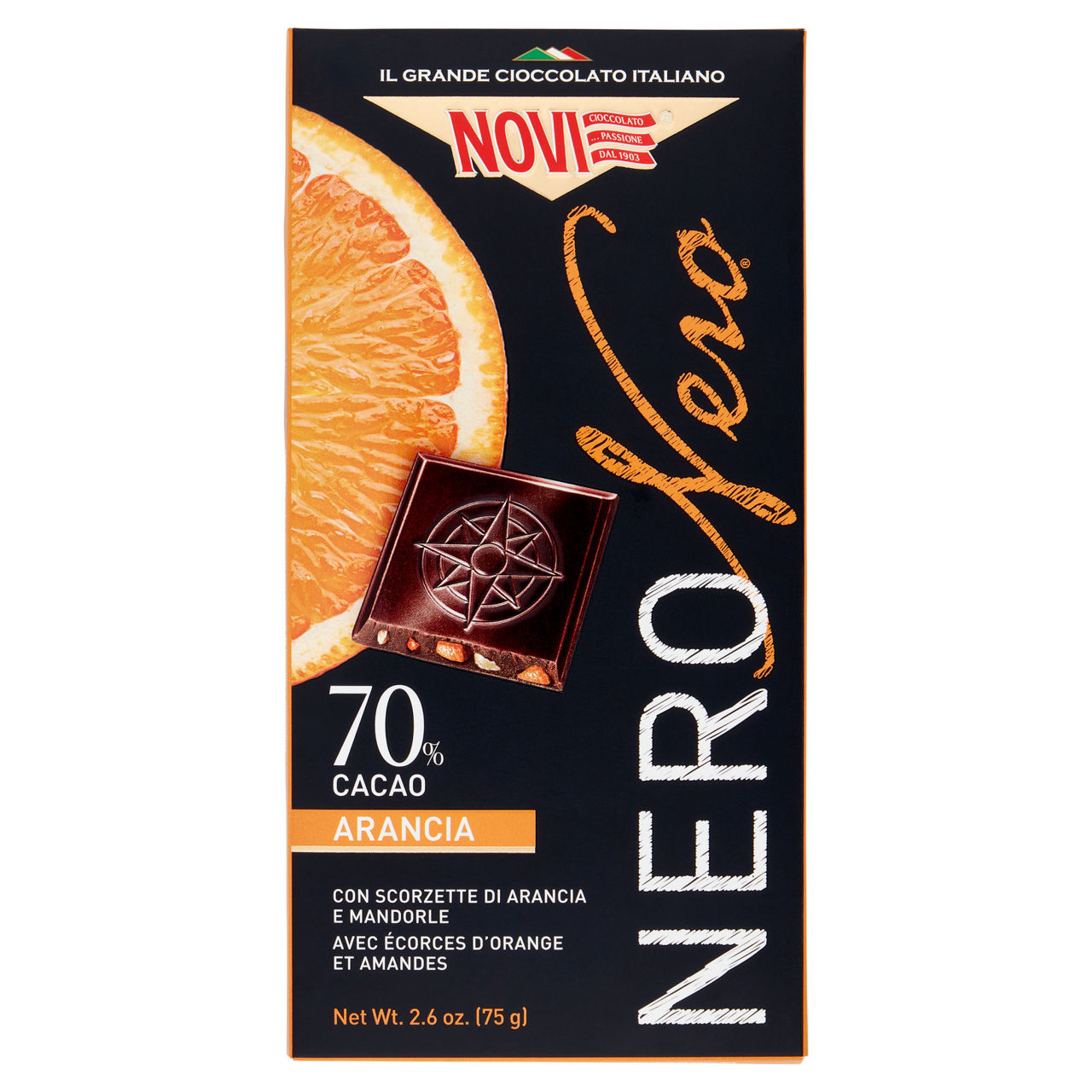 Tavoletta di cioccolato Nero Nero extra fondente 70% con scorze di arancia 75 gr