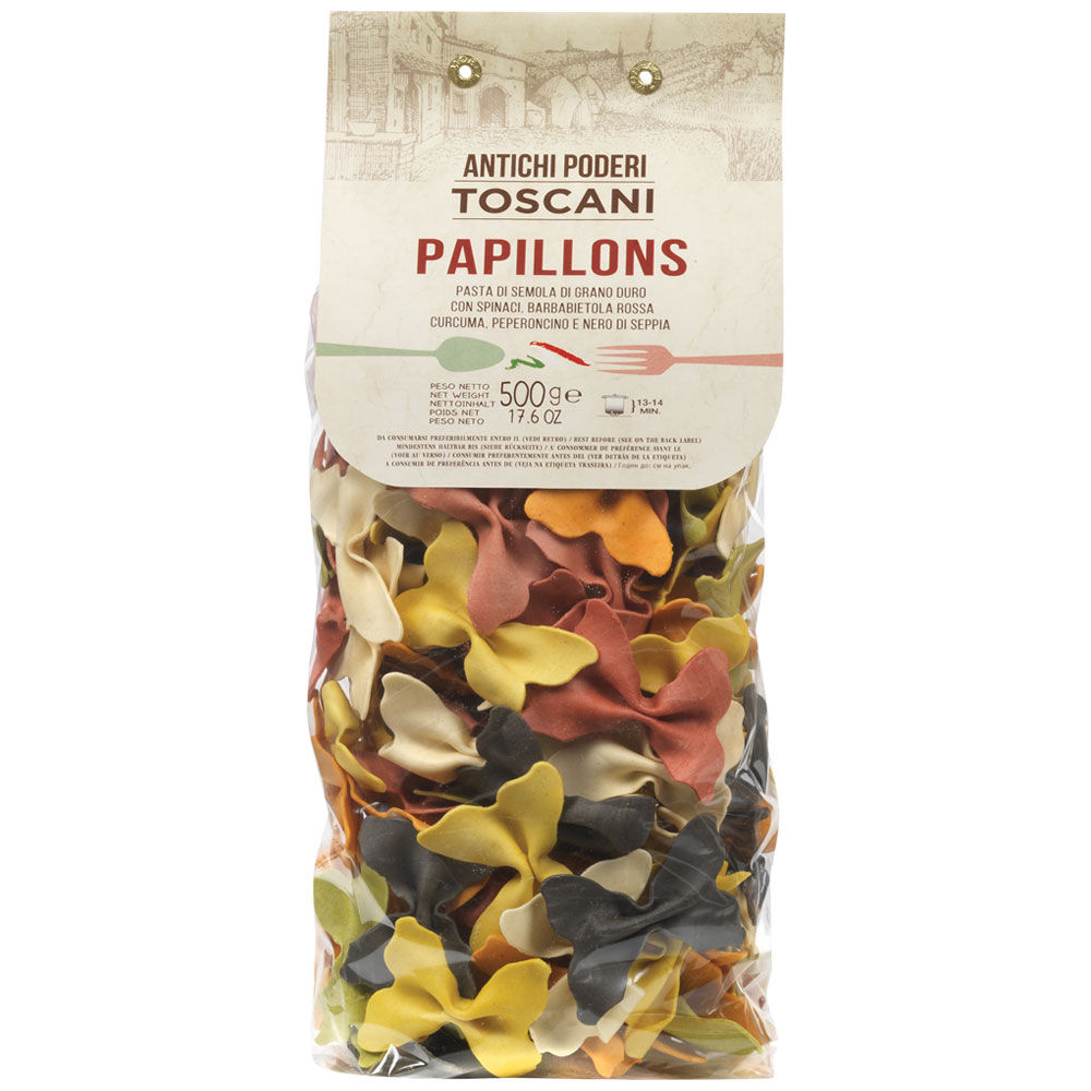 Papillons con spinaci barbabietola curcuma peperoncino e nero di seppia 500 gr - Immagine 01