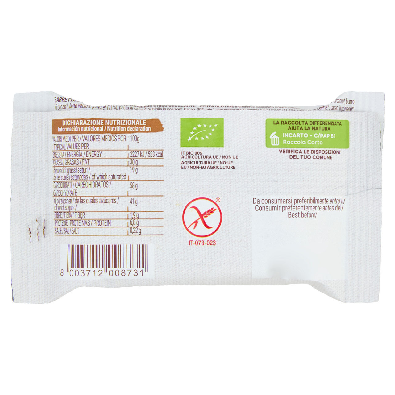 Cioccolato al latte con riso integrale monoporzione senza glutine bio 25 gr - Immagine 11