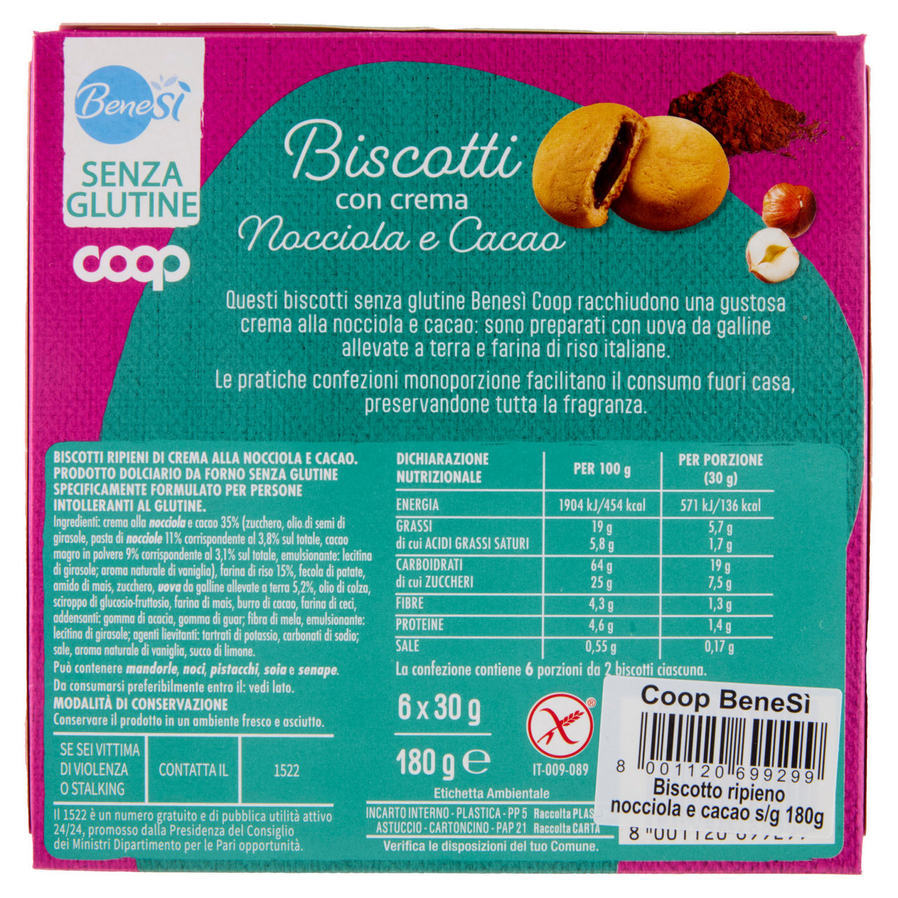Biscotto ripieno cacao senza glutine  bene si' coop g180 6 confezioni con g2x15 - Immagine 51