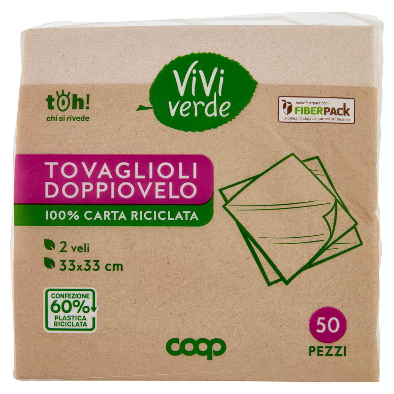 Tovaglioli doppiovelo coop vivi verde 2 veli 33x33cm ecolabel fsc pz 50