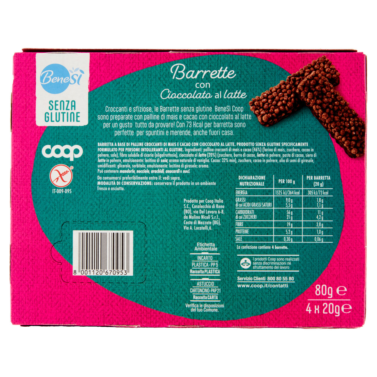 Barrette con cioccolato al latte senza glutine bene si' coop g 80 g 4x20 - Immagine 31