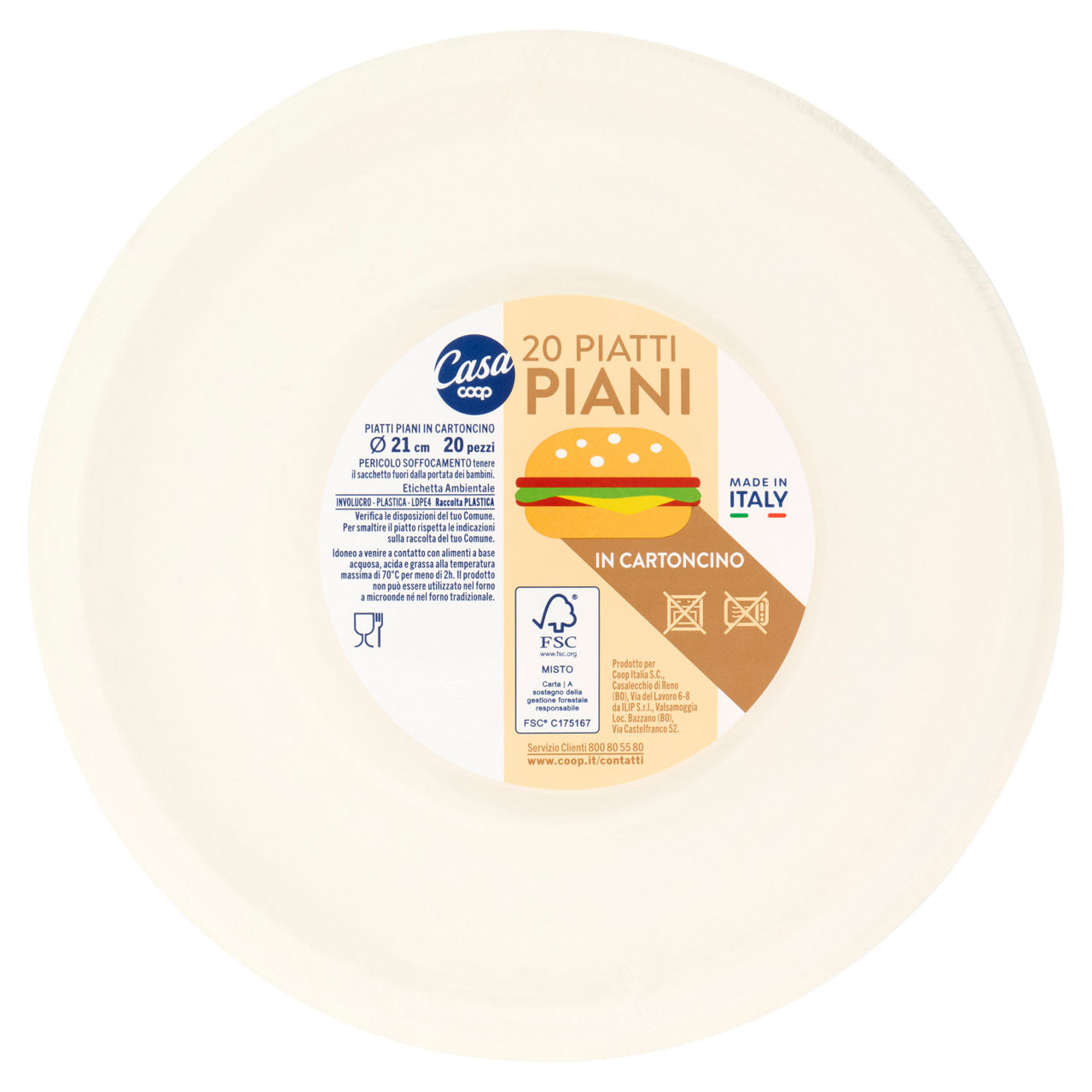 Piatti piani in cartoncino coop casa fsc diam. cm21 pz 20 - Immagine 01