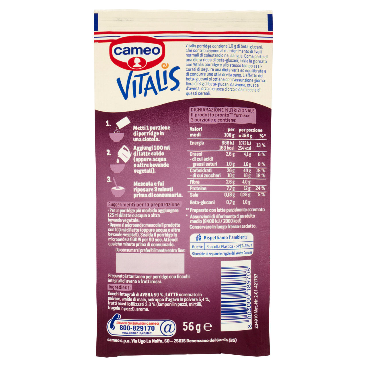Porridge frutti rossi cameo vitalis g 56 - Immagine 11