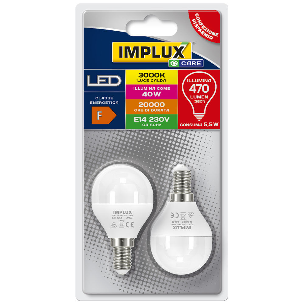 Lampadina sfera LED E14 5,5W 470 lumen 2 pz